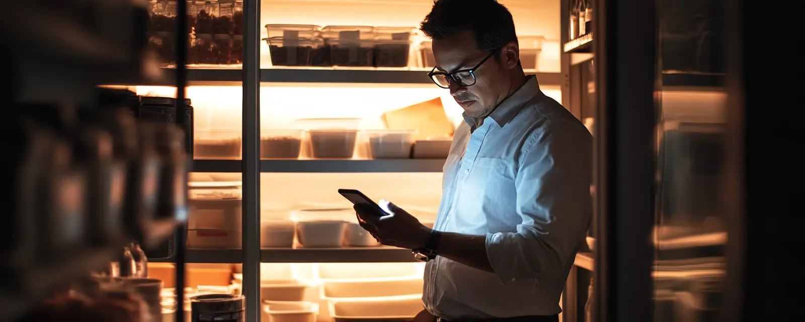 An owner in the walk-in doorway reads his phone in front of the shelves.