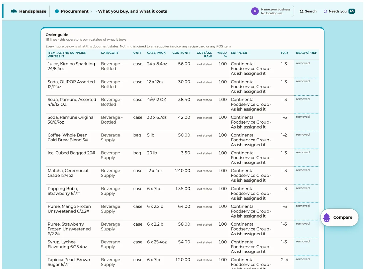 An order guide screen. 111 lines, this operator's own catalog of what it buys, as the supplier writes each item: category, unit, case pack, cost per unit, yield and supplier. Kimino sparkling juice at 56.00 a case of 24, OLIPOP at 30.00 a case of 12, ceremonial matcha at 240.00 a case, each from Continental Foodservice Group.
