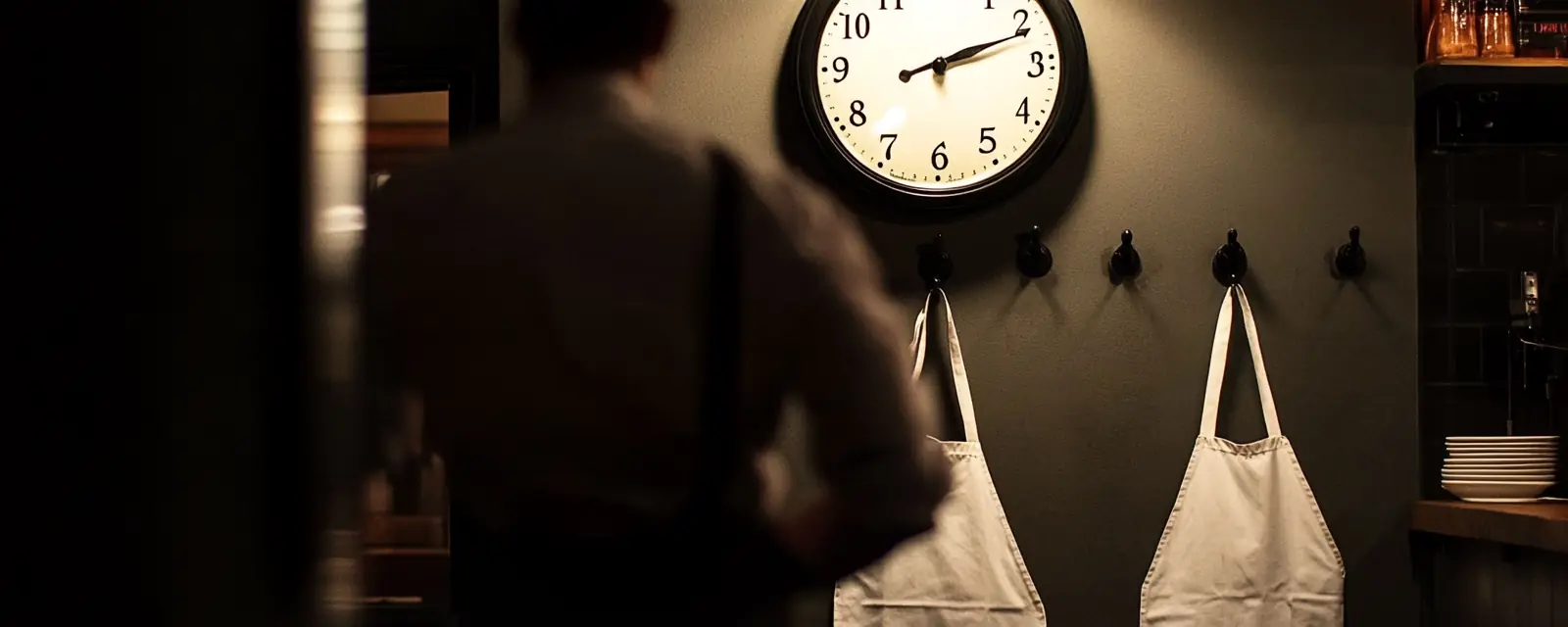 A wall clock over aprons on hooks, a worker walking past.