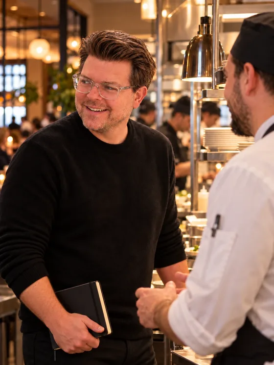 Johnny Auer at the pass with a notebook, talking with a cook.