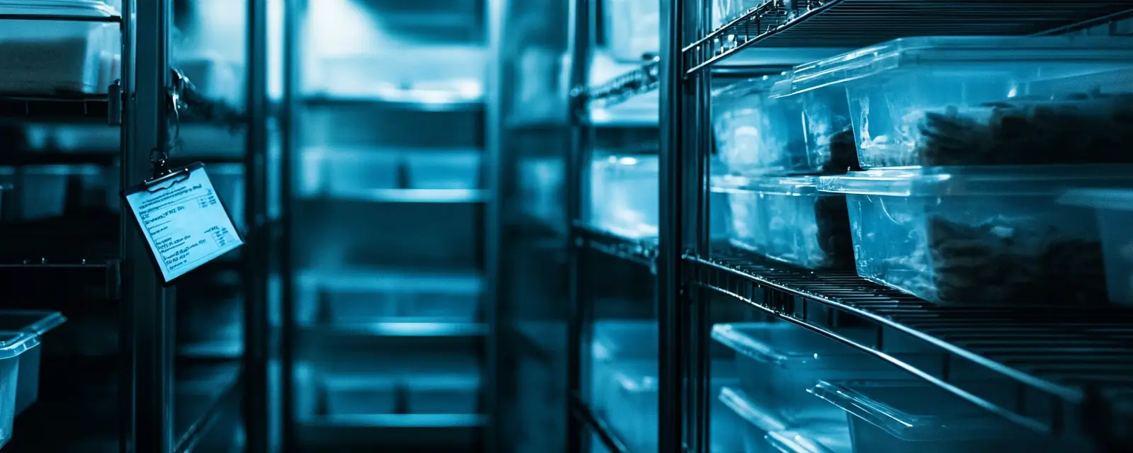 A walk-in lit blue, tubs on wire shelves, a tag hanging from one.