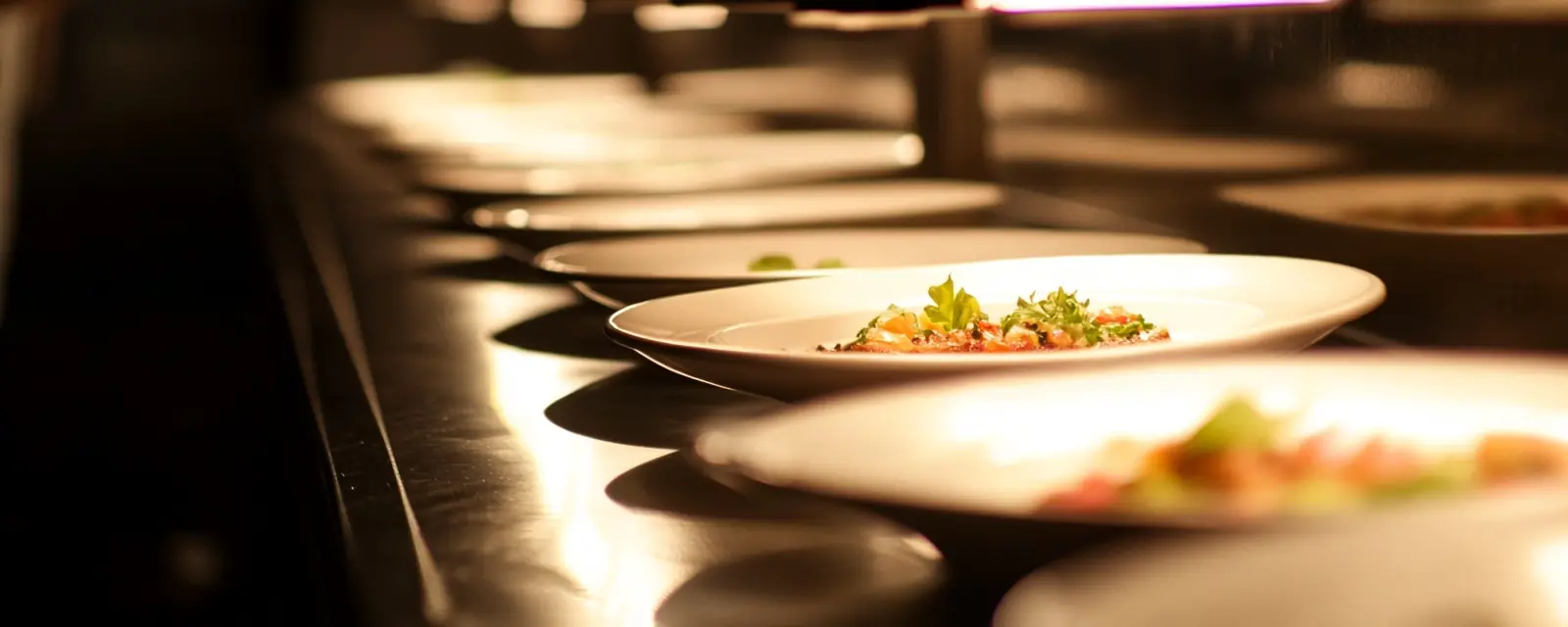 Plates lined up on a steel pass under warm light.