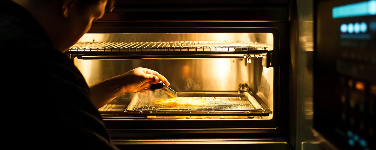 A cook reaching into a lit oven.