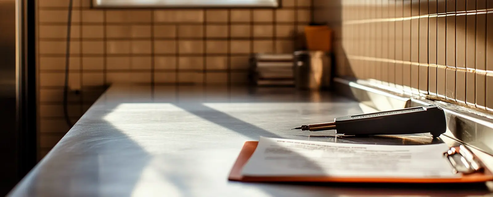 A sheet of paper on a steel counter against a tiled wall.