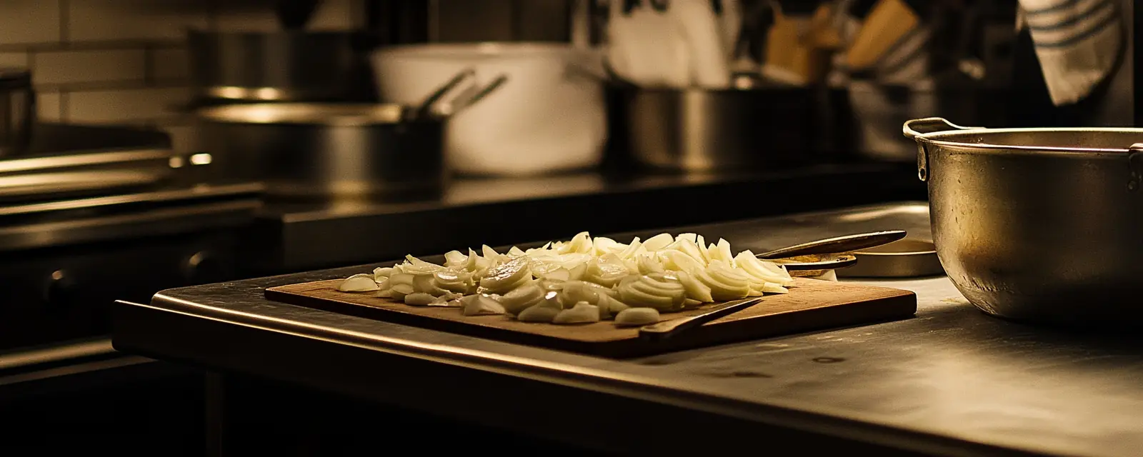 Chopped onion on a board at a prep counter, pots behind it.