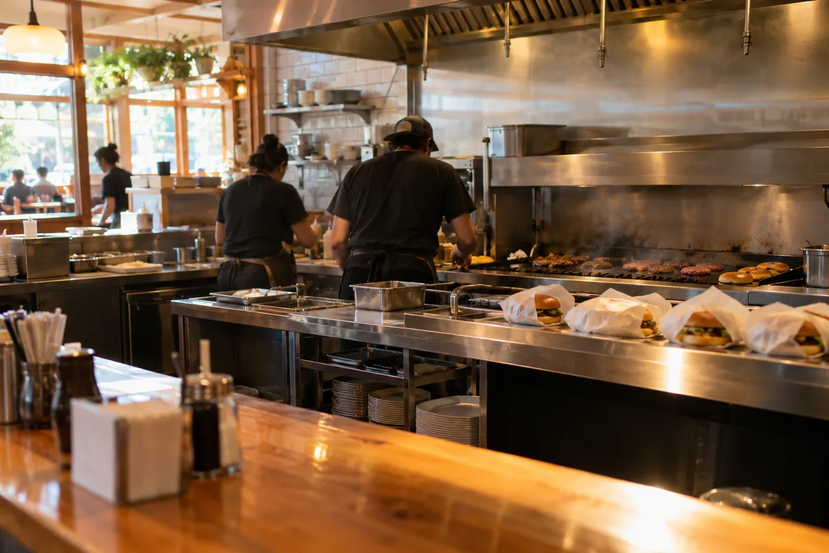 A counter-service burger line at lunch, wrapped burgers on the pass and two cooks at the flat-top.