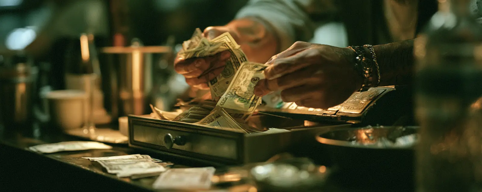 Hands counting cash out of a register drawer.