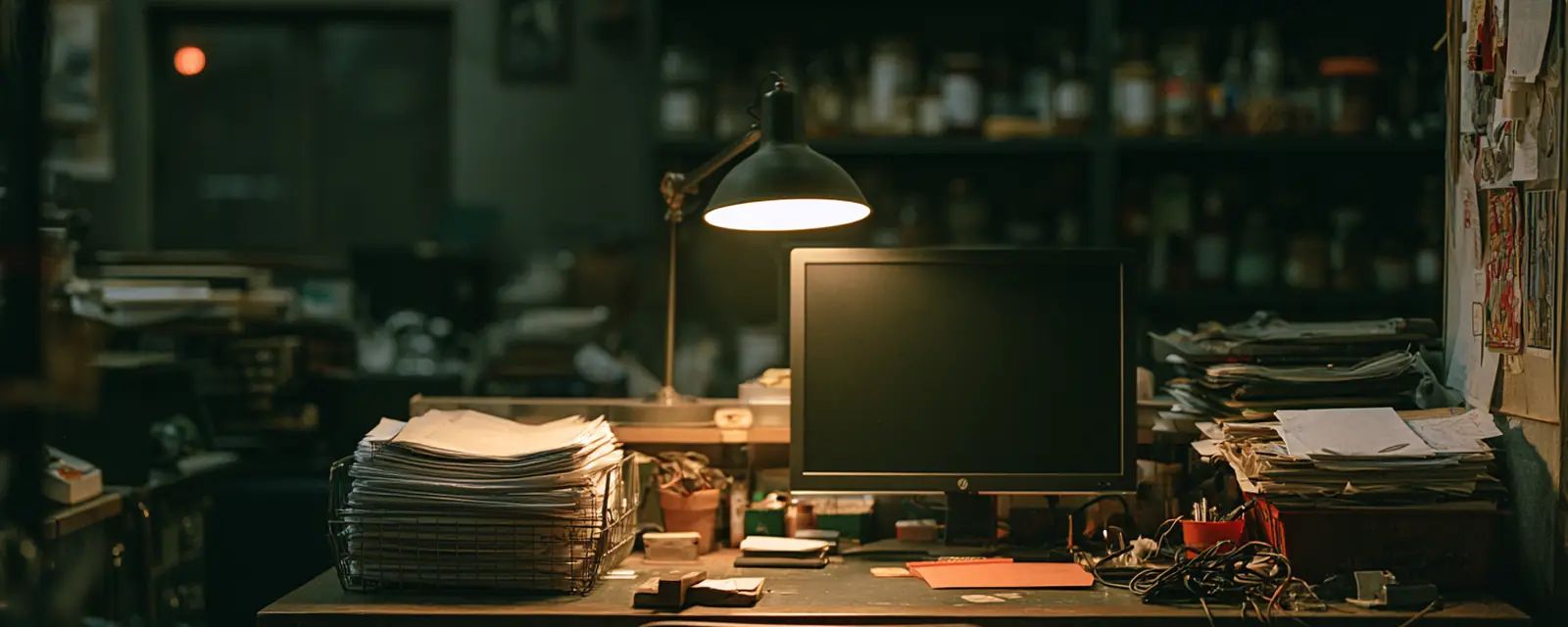 An office corner at close, documents and a screen under a single lamp.