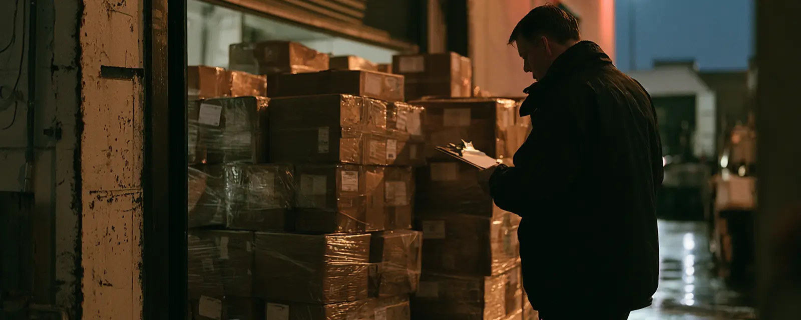 A receiver at a service door before dawn, wrapped pallets beside him.