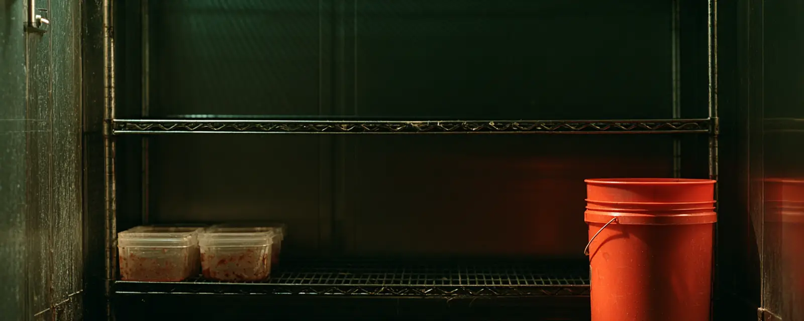 A walk-in shelf nearly empty, a red bucket on the floor beside it.