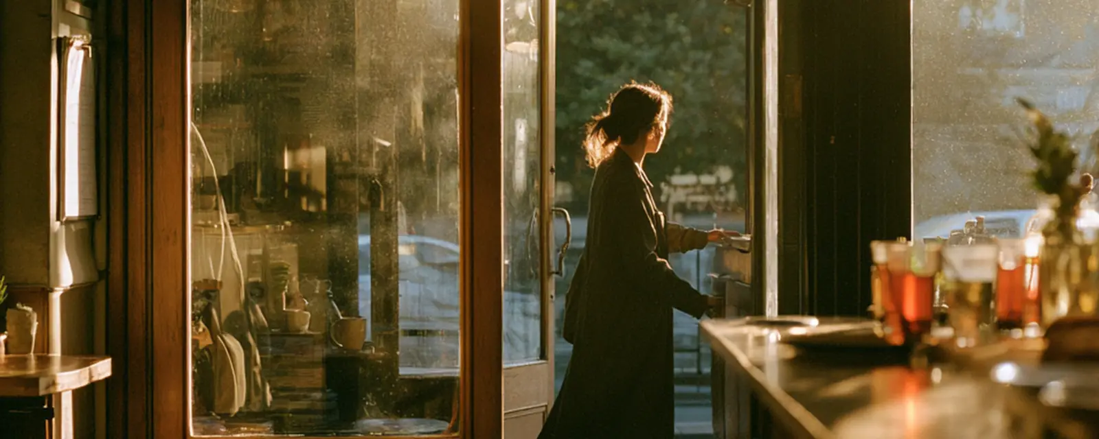 A guest coming through a restaurant's glass front door, warm light inside.