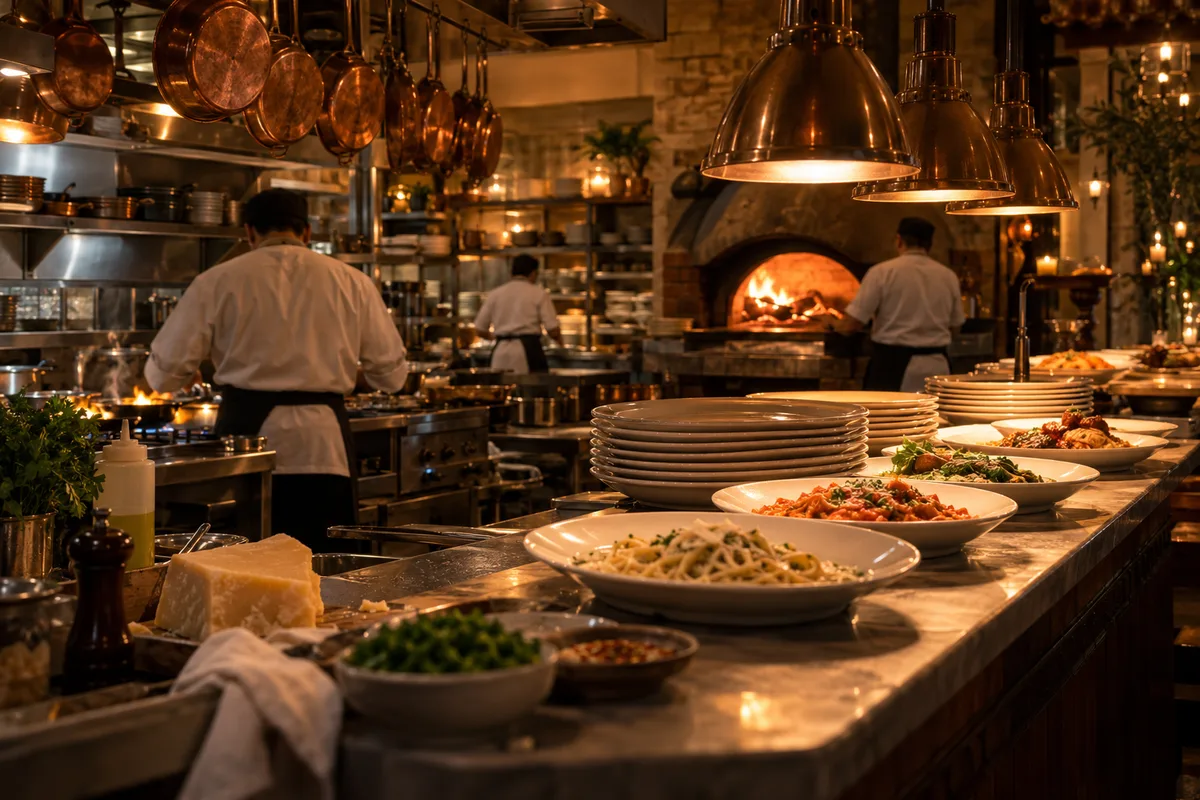 A full-service Italian line, pasta bowls on the pass, a wood oven and copper pans behind.
