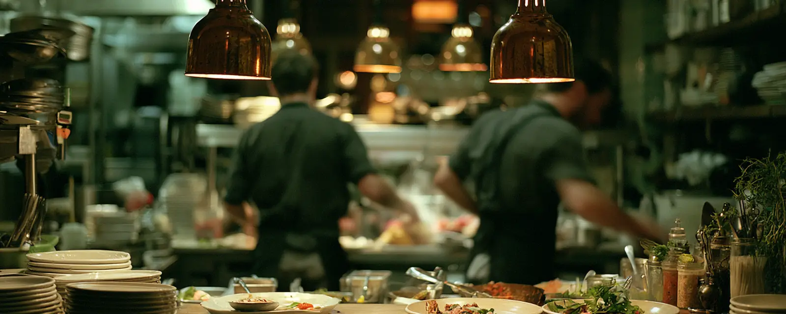 Two cooks at the pass under copper heat lamps, plates stacked beside them.