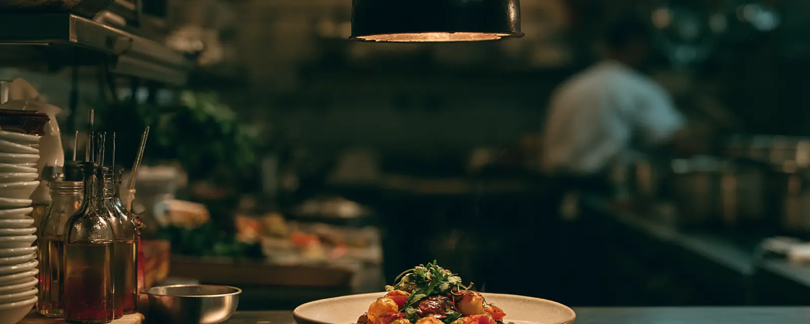 A finished plate waiting on the pass under a lamp.