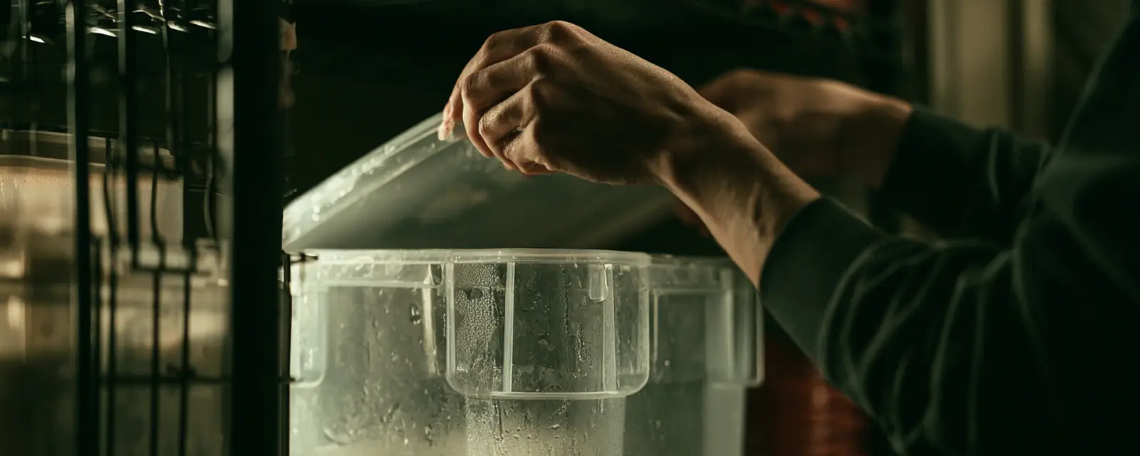 A hand lifting the lid off a clear storage tub.