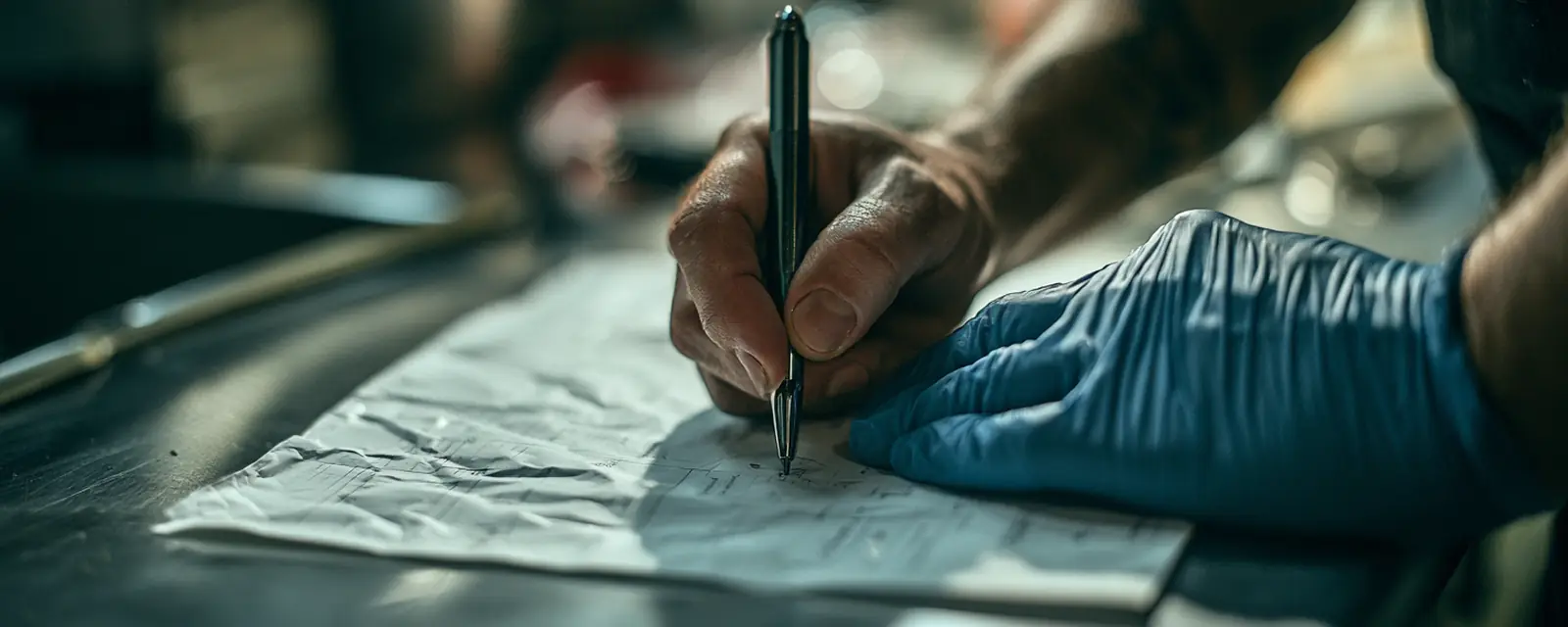 A gloved hand signing a delivery slip on a steel counter.