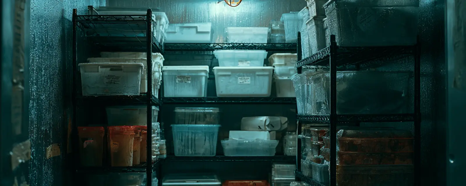 Storage tubs on wire shelves in a walk-in.