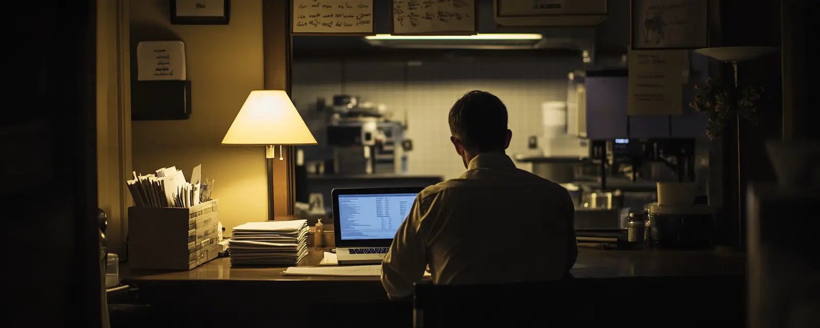 An owner works late at a laptop in the back office, with invoices and a lamp on the desk.