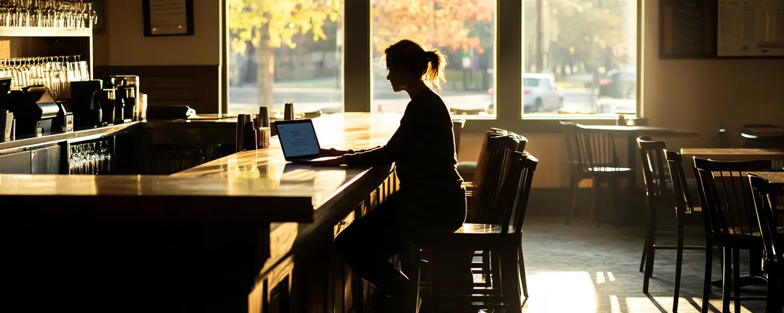 A manager works at the bar before opening. The empty dining room is behind her.
