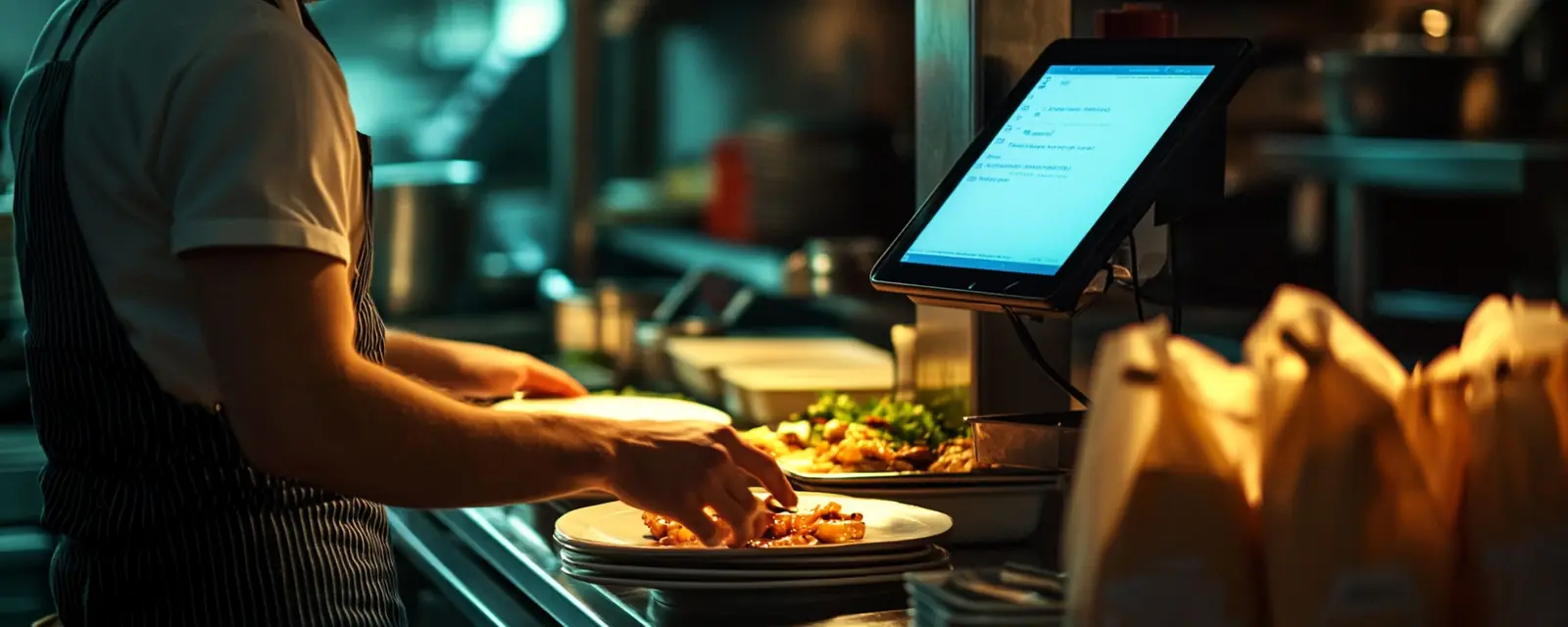 A cook plates at the pass beside a tablet, bagged takeout orders waiting in front.
